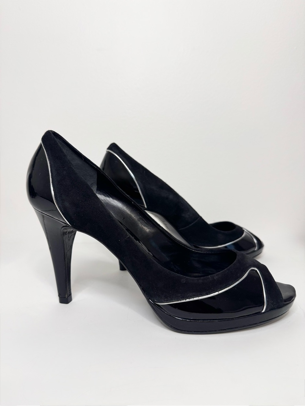 Ann Taylor Black Suede & Patent Leather Peep-Toe Pumps